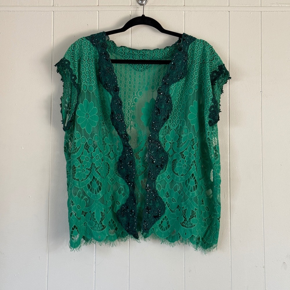 Womens Green Floral Lace‎ Sequin Beaded Open Front Cardigan Size L Fairy Grunge